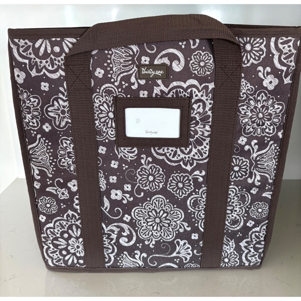 Thirty-One Deluxe Utility Tote Brown Floral Trunk Shopping Organizer Collapsible